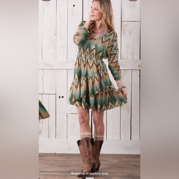 Ariat Dresses & Skirts - ARIAT Teal & Brown Chevron Tiered Long Sleeve mini Dress size S